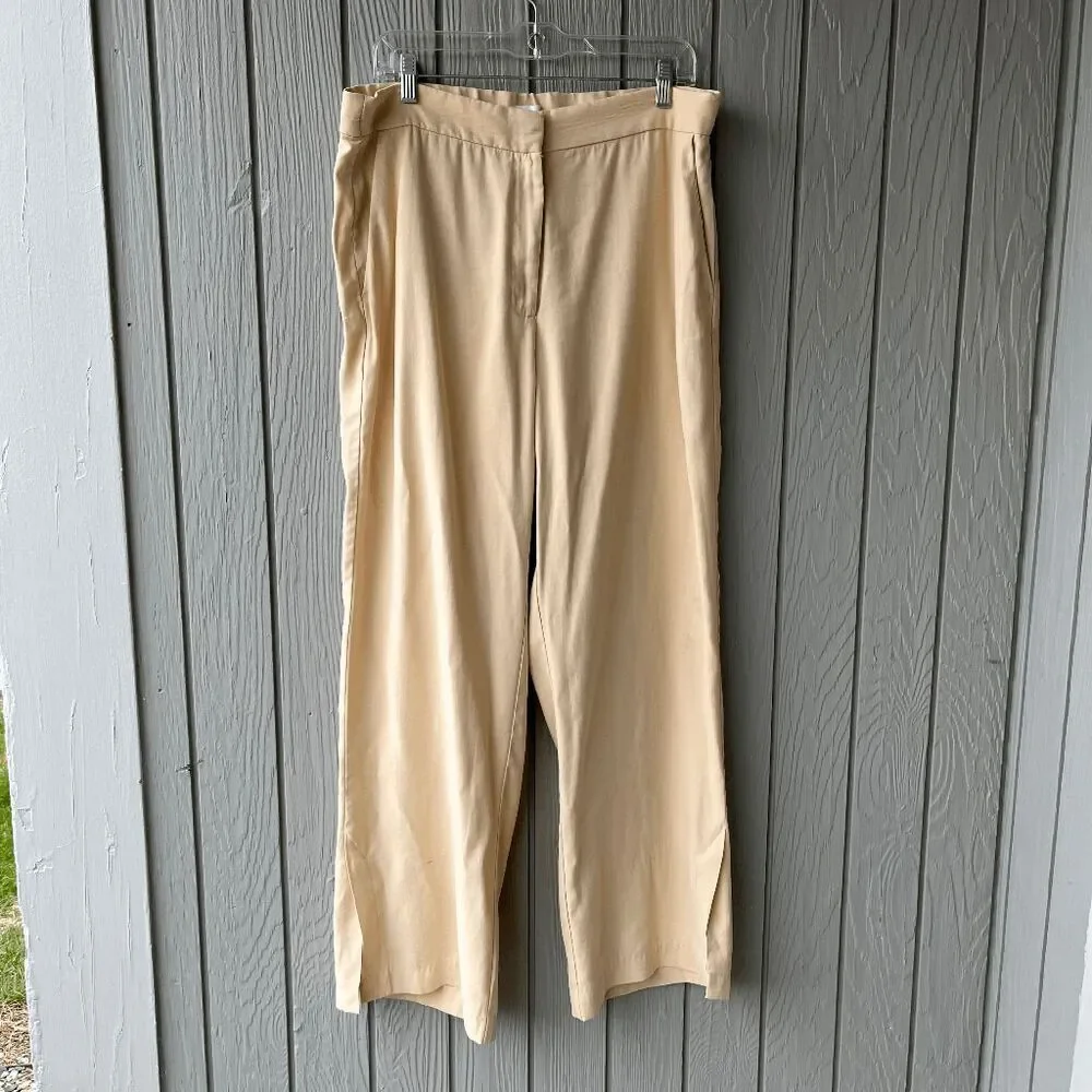 H&M Wide Leg Linen Blend Trousers Beige Size 14 Side Slits Pockets